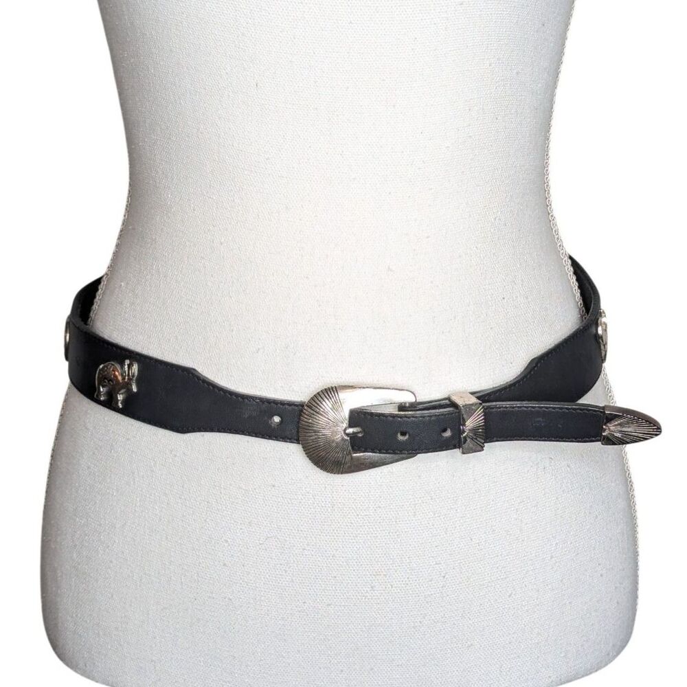 Vintage Silver Creek Western Belt Leather Sz 30 Black Silver Animal Concho 1990